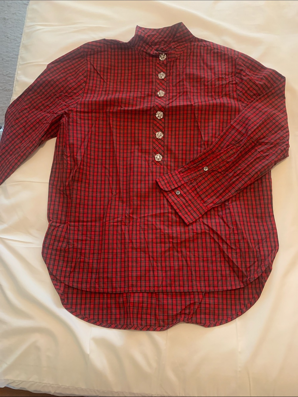 J. Crew Red Plaid Stand-Collar Blouse with Decorative Buttons